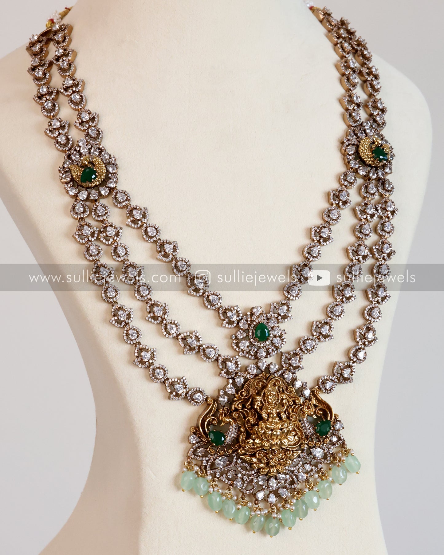 Lakshmi Premium 3 Layer AD Long Chain/Haaram ( Mint Beads ) with Earring