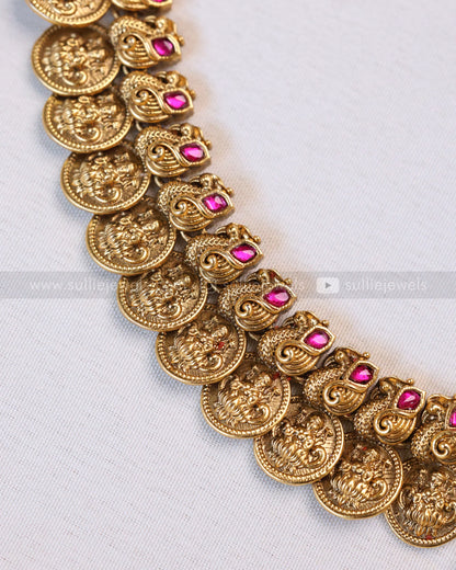 3641 - Premium Coin Goddess Necklace with Jhumka - Gold Beads
