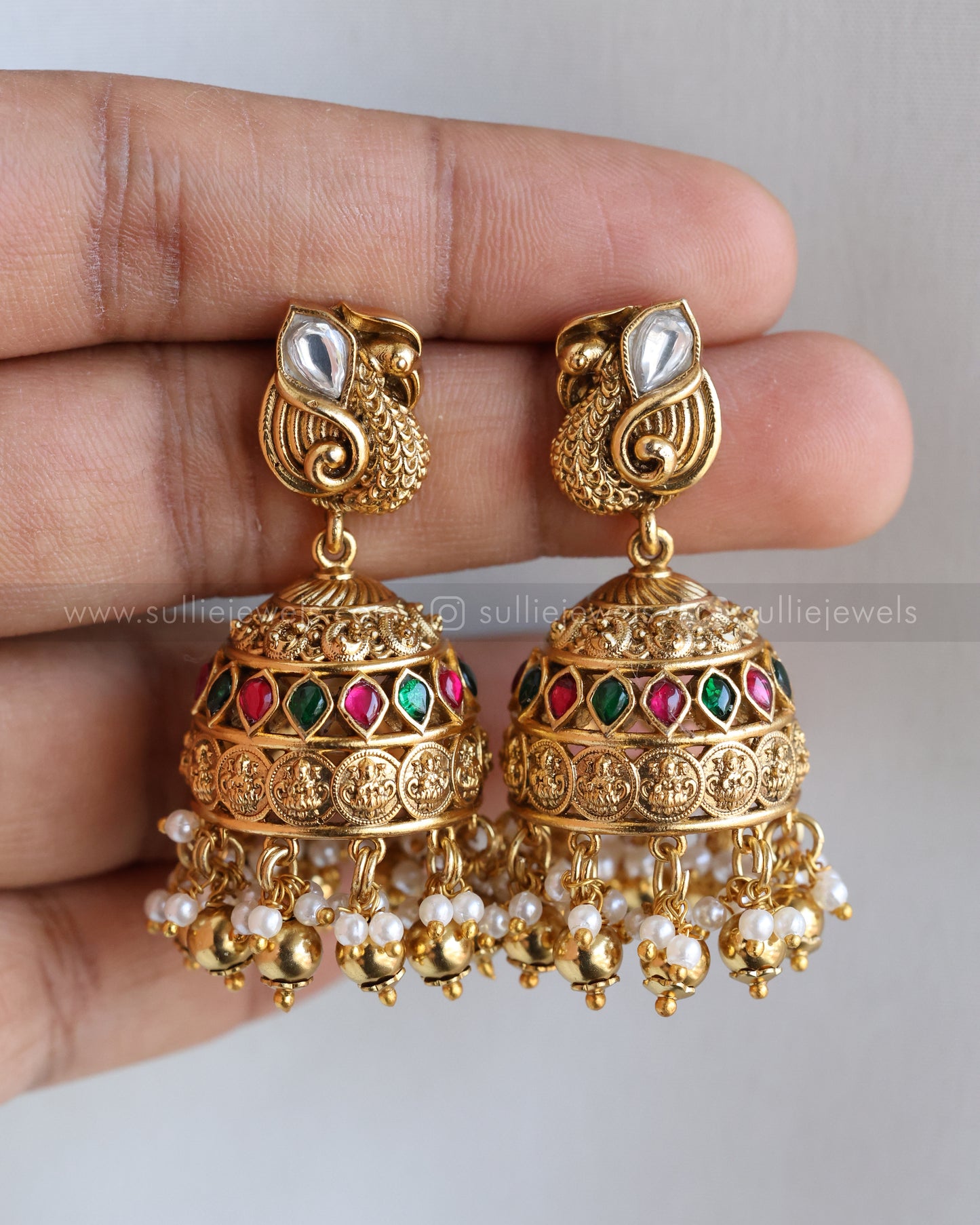 3641 - Premium Coin Goddess Necklace with Jhumka - Gold Beads
