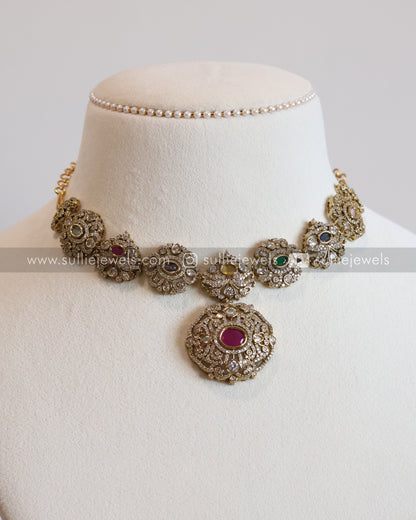 Multicolour Stone Victorian Necklace with Earrings