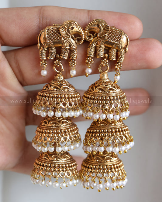 E1245 - Sullie Basic Elephant Pearl 3 Layer Jhumka