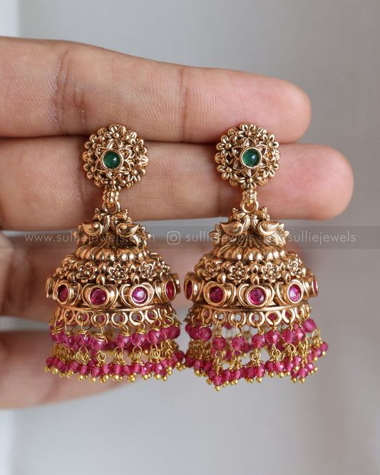 E1247 - Sullie Basic Jadau Replica Ruby Peacock Jhumka