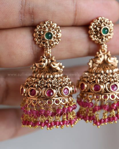 E1247 - Sullie Basic Jadau Replica Ruby Peacock Jhumka