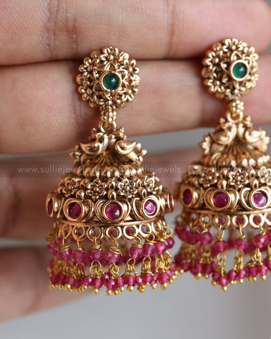 E1247 - Sullie Basic Jadau Replica Ruby Peacock Jhumka