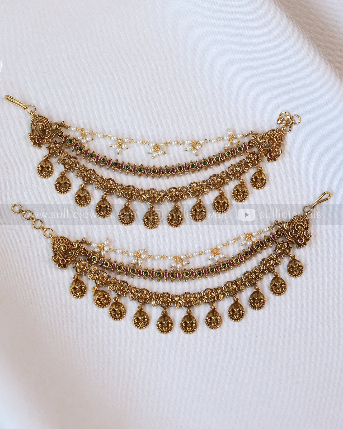 086 - Multi Stone 3 Layer Floral Hanging Matti / Earchain