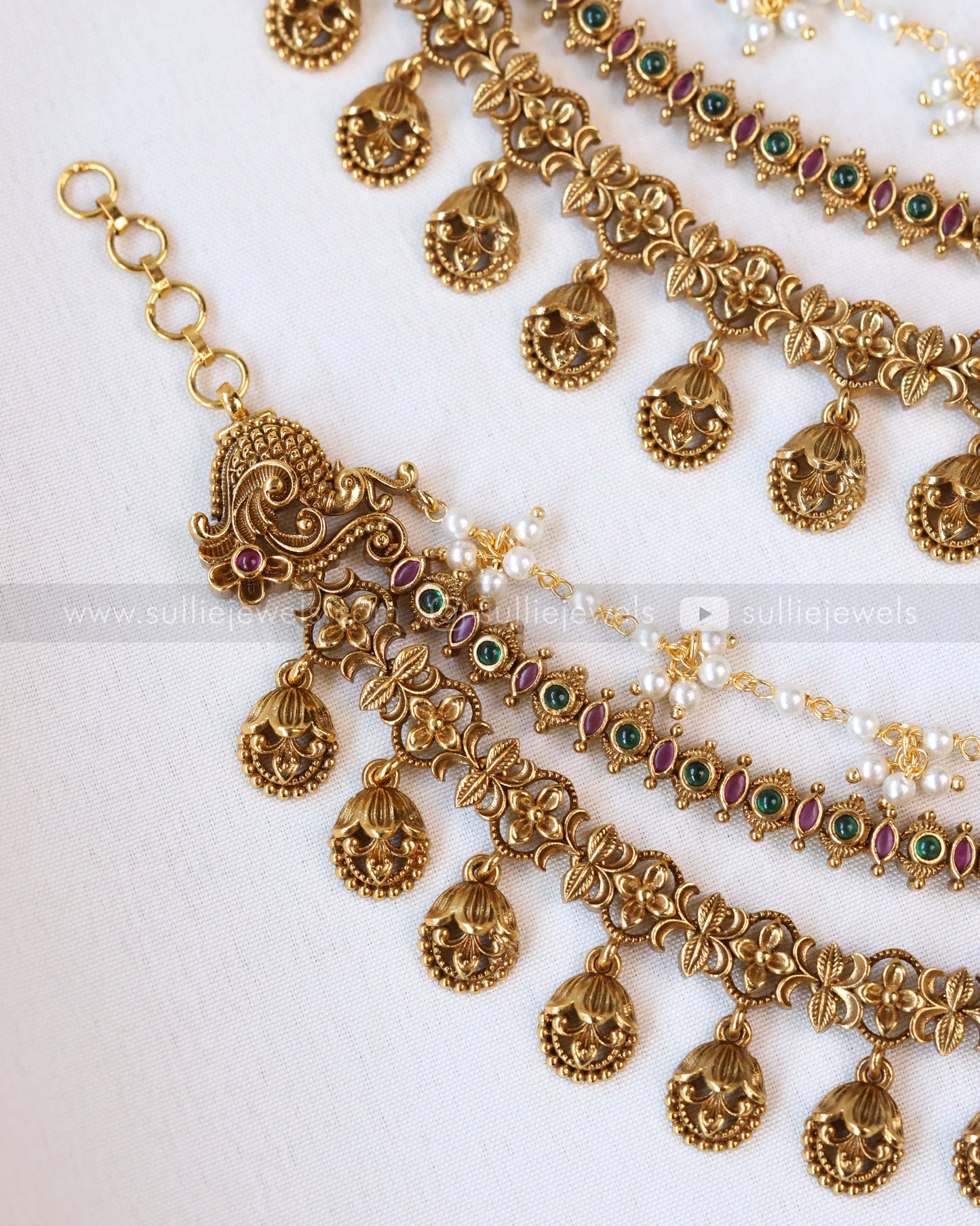 086 - Multi Stone 3 Layer Floral Hanging Matti / Earchain