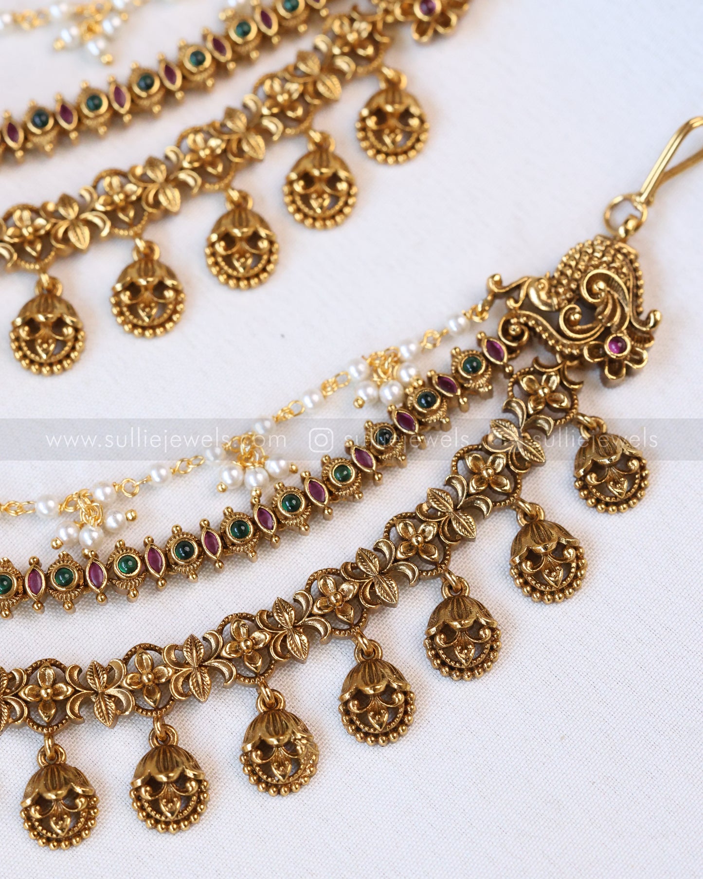 086 - Multi Stone 3 Layer Floral Hanging Matti / Earchain