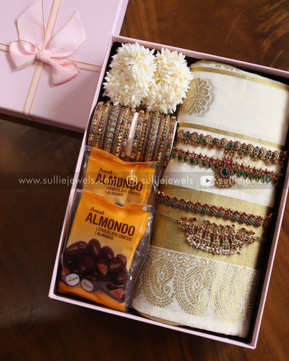 Onam Gift Hamper - 18 piece jewelry, saree, jasmine & almonds