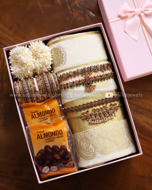 Onam Gift Hamper - 18 piece jewelry, saree, jasmine & almonds