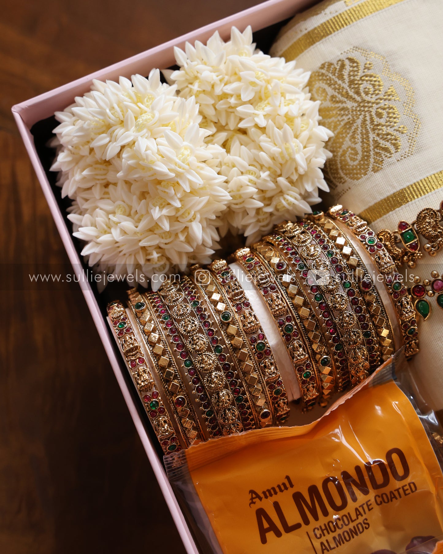 Onam Gift Hamper - 18 piece jewelry, saree, jasmine & almonds