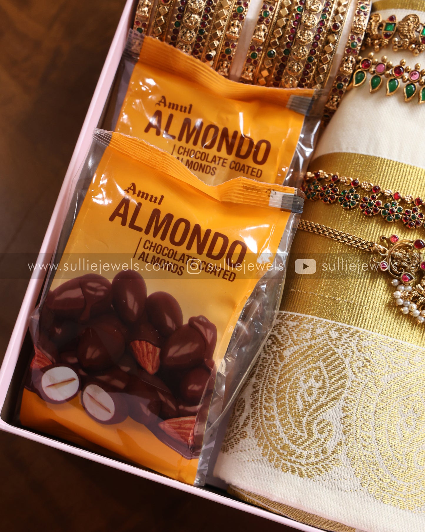 Onam Gift Hamper - 18 piece jewelry, saree, jasmine & almonds