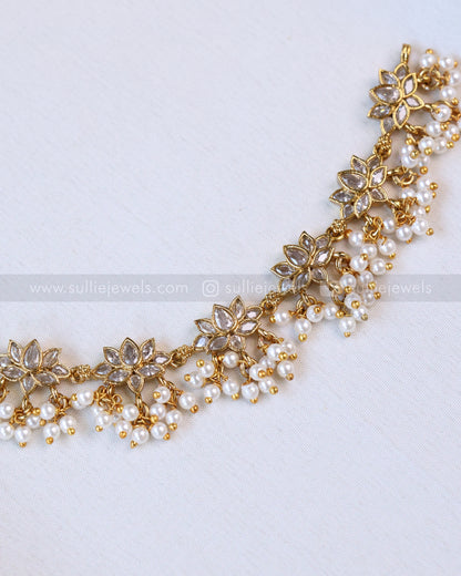 3636 - White Lotus with Pearl Hangings Necklace Set