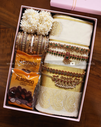 Onam Gift Hamper - 18 piece jewelry, saree, jasmine & almonds