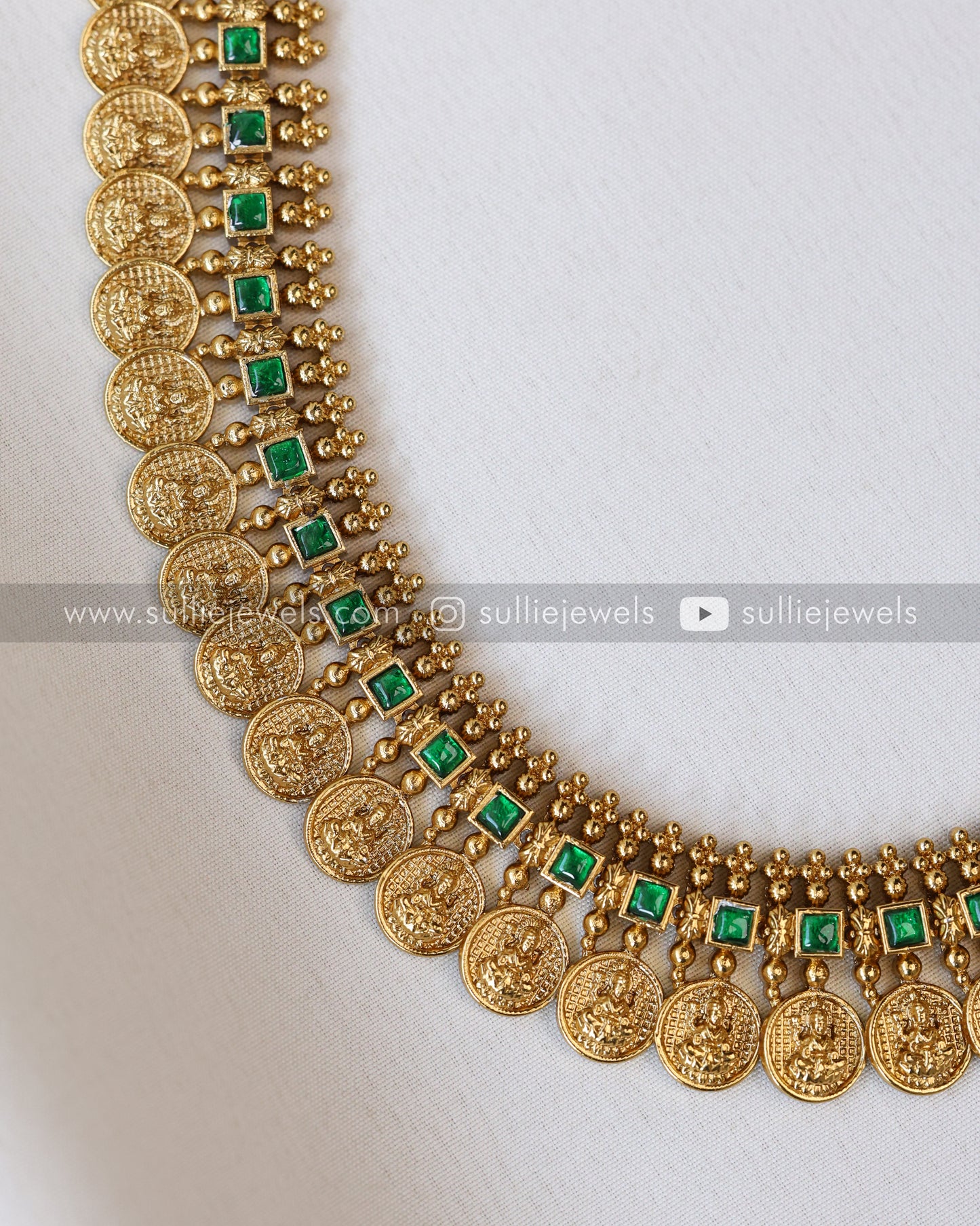 Green Stone Coin Long Chain /  Haram with Gold Jhumka