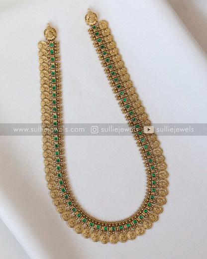 Green Stone Coin Long Chain /  Haram with Gold Jhumka