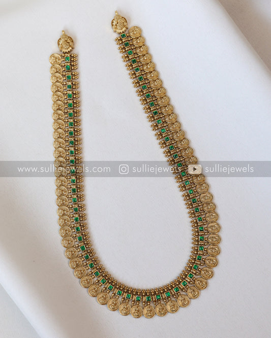 Green Stone Coin Long Chain /  Haram with Gold Jhumka