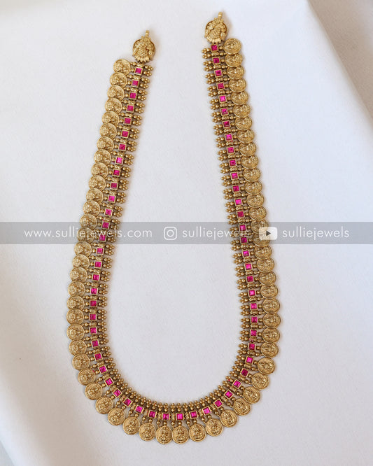Pink Stone Coin Long Chain /  Haram with Gold Jhumka