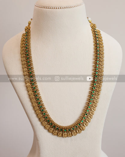 Green Stone Coin Long Chain /  Haram with Gold Jhumka