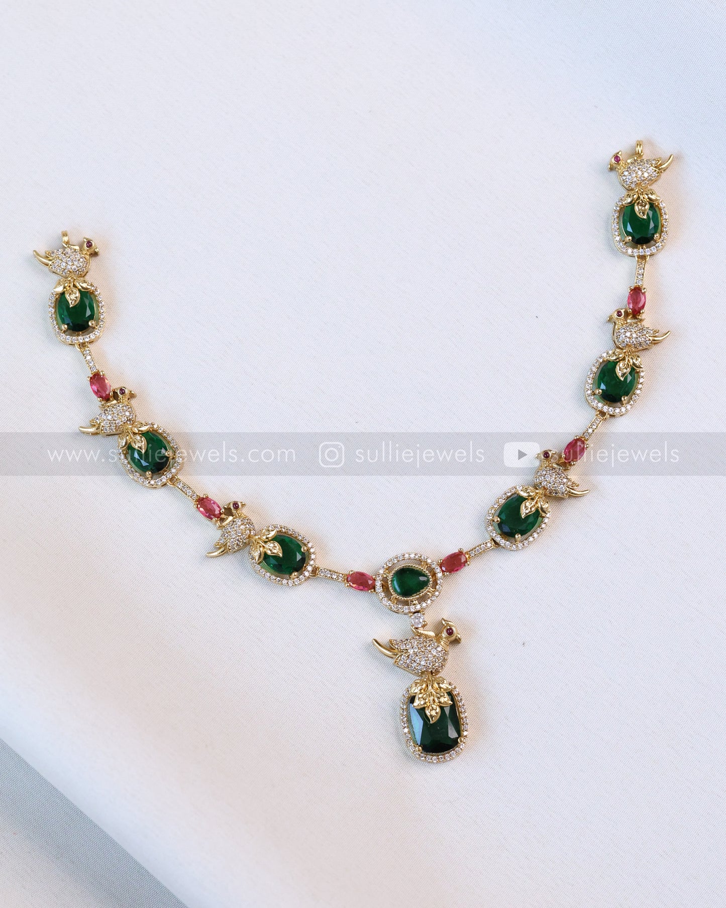 3643 - Emerald & Ruby Stone Parrot Necklace with Stud