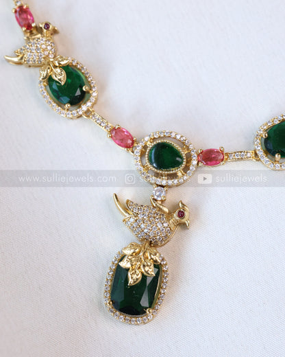 3643 - Emerald & Ruby Stone Parrot Necklace with Stud