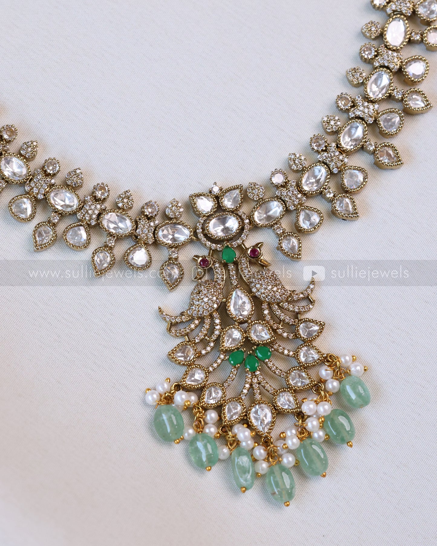 3637 - Mint Premium Victorian Stone Peacock Necklace with Earring