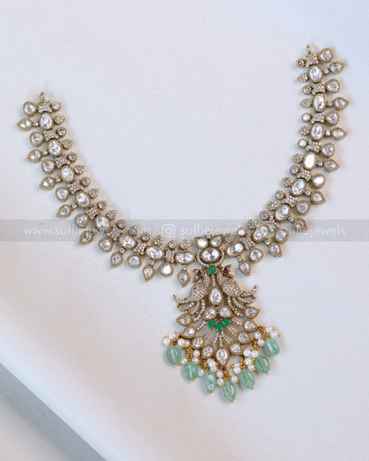 3637 - Mint Premium Victorian Stone Peacock Necklace with Earring