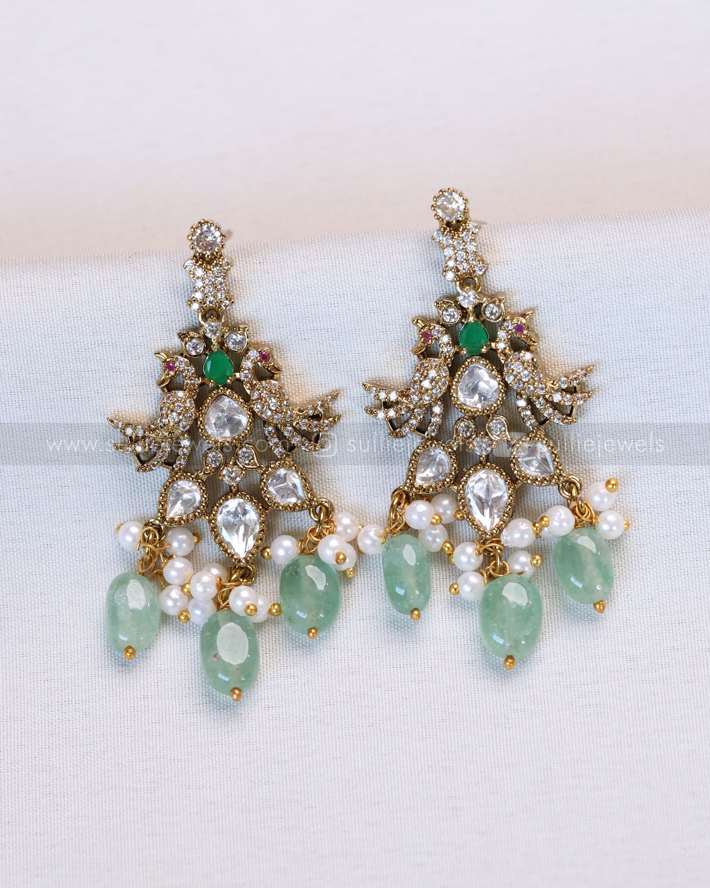 3637 - Mint Premium Victorian Stone Peacock Necklace with Earring