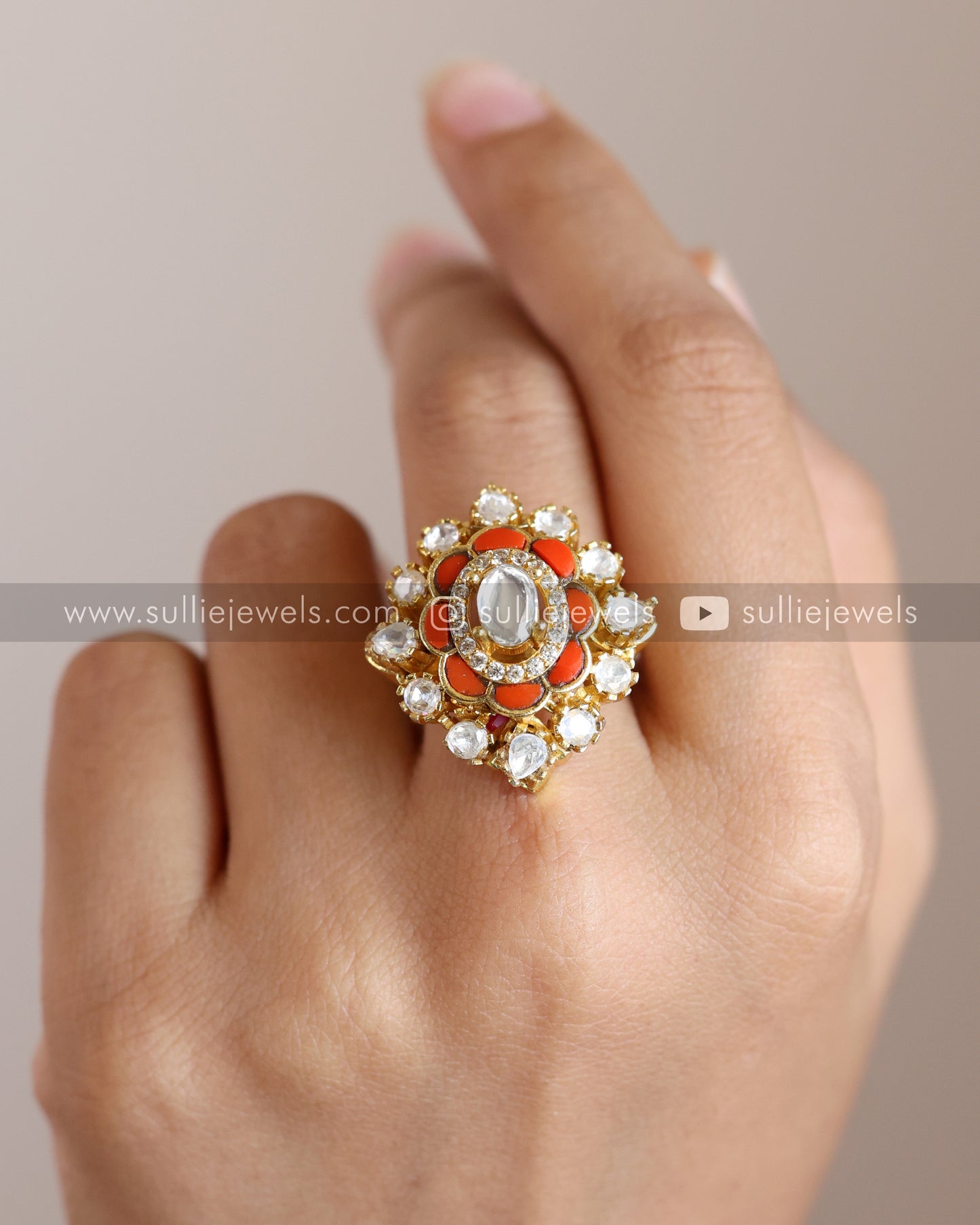 Kundan Polki Coral Premium Adjustable Ring
