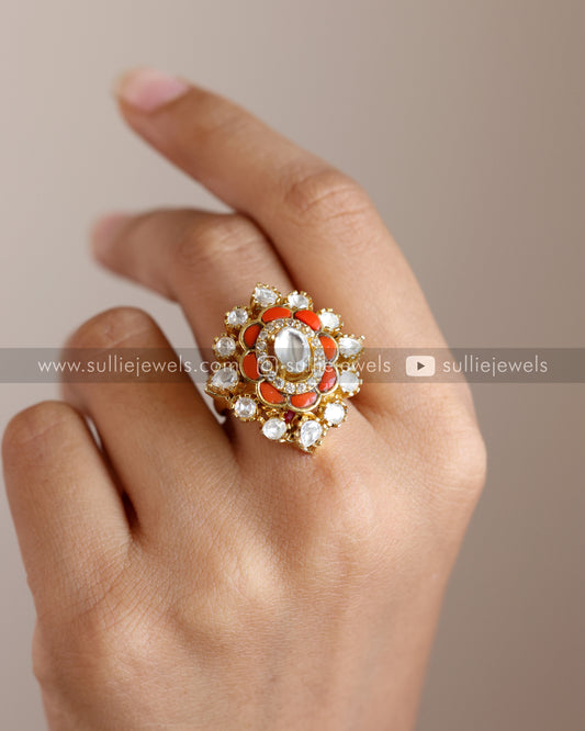 Kundan Polki Coral Premium Adjustable Ring