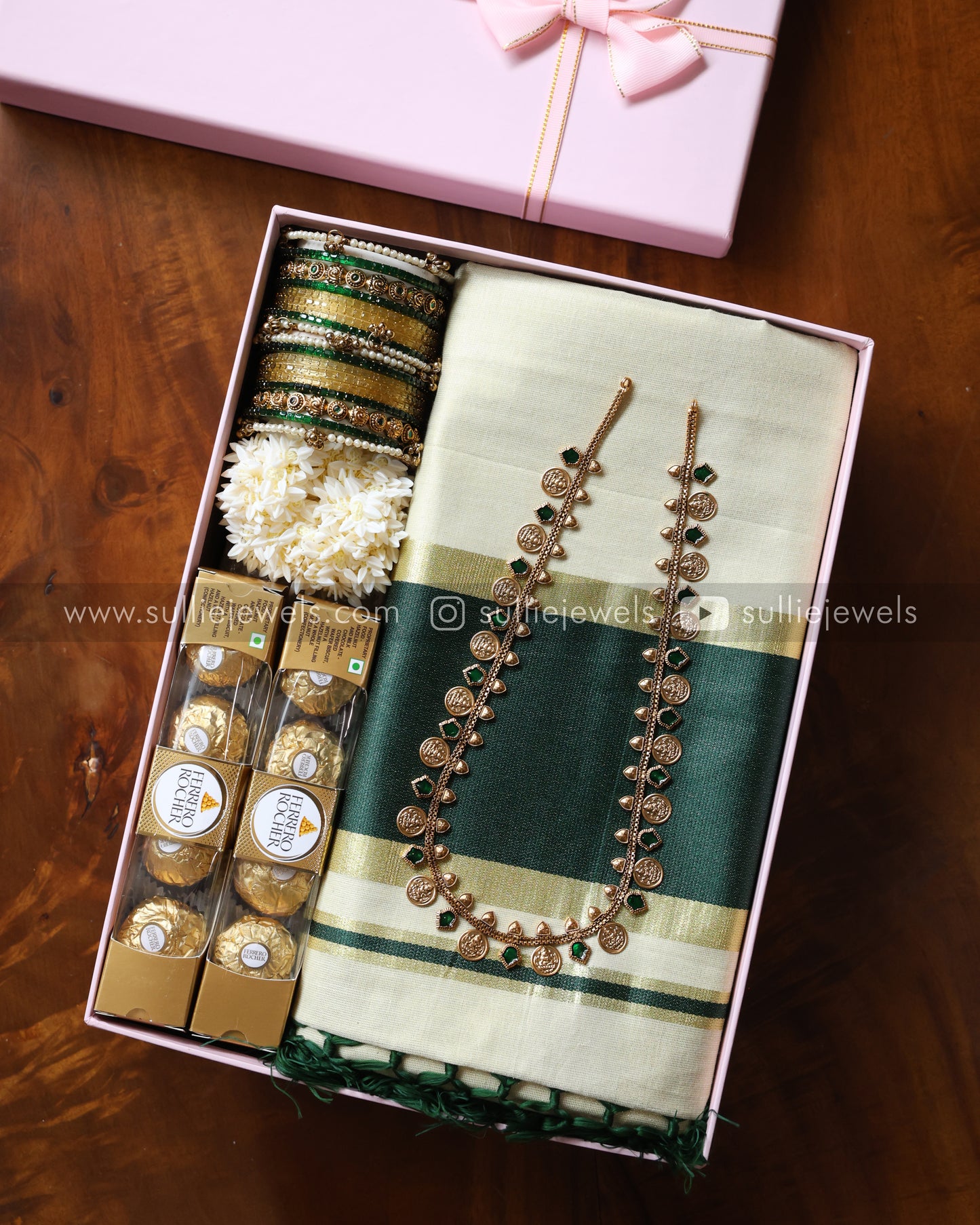 Onam Gift Hamper - 18 piece bangle set, long chain with earring, saree, jasmine & chocolates