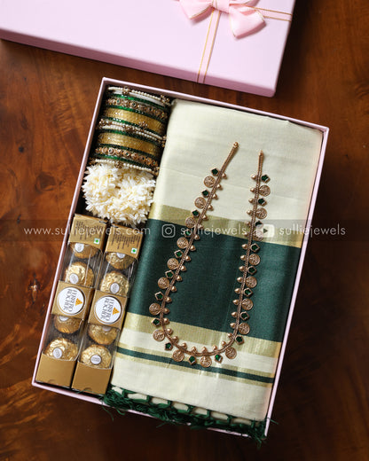 Onam Gift Hamper - 18 piece bangle set, long chain with earring, saree, jasmine & chocolates
