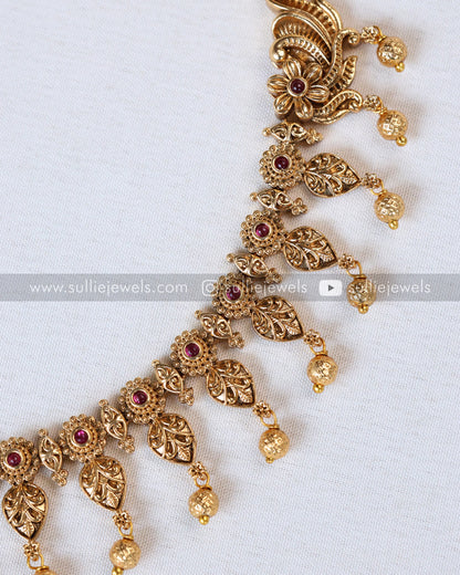 Gold Beads Floral Leaf Necklace with Stud