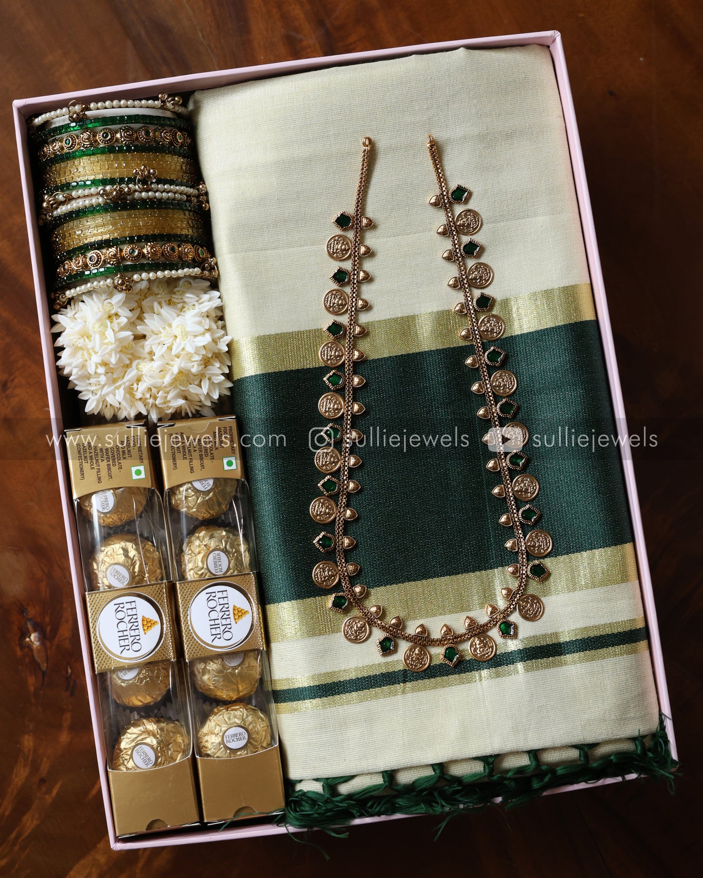 Onam Gift Hamper - 18 piece bangle set, long chain with earring, saree, jasmine & chocolates