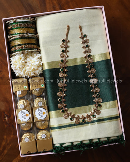 Onam Gift Hamper - 18 piece bangle set, long chain with earring, saree, jasmine & chocolates