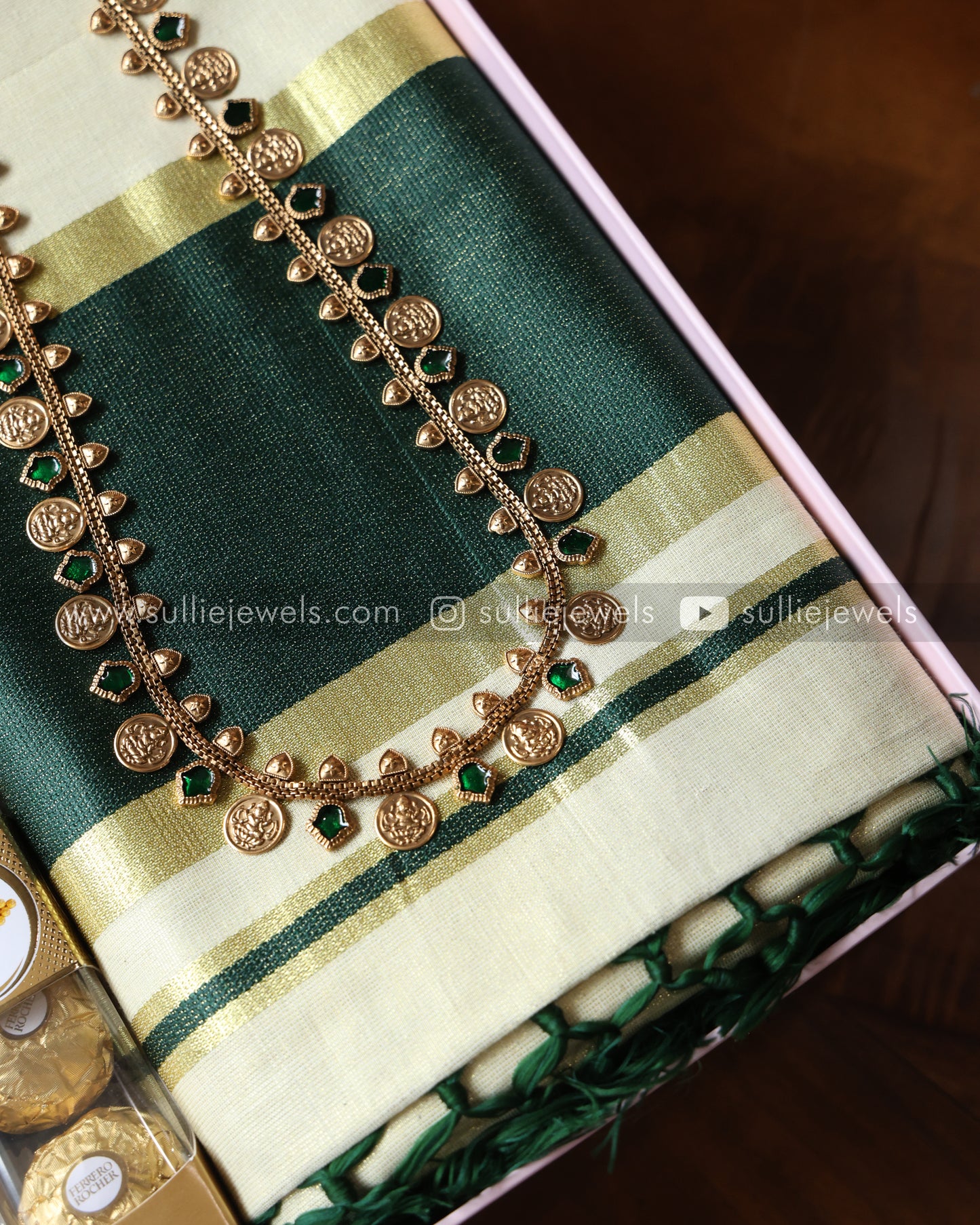 Onam Gift Hamper - 18 piece bangle set, long chain with earring, saree, jasmine & chocolates
