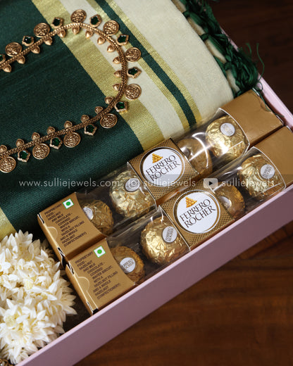 Onam Gift Hamper - 18 piece bangle set, long chain with earring, saree, jasmine & chocolates