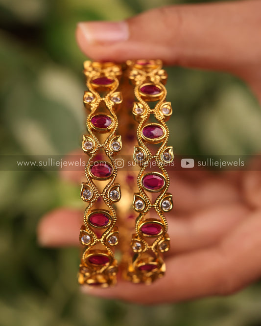 Ruby Stone Gold Bangle - Set of 2
