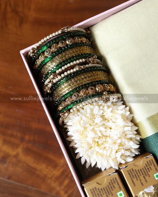 Onam Gift Hamper - 18 piece bangle set, long chain with earring, saree, jasmine & chocolates