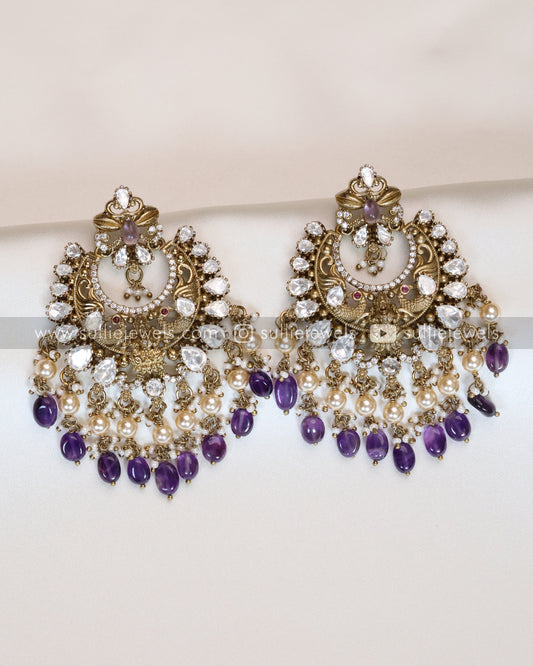 Polki Lakshmi Peacock Premium Earring - Violet