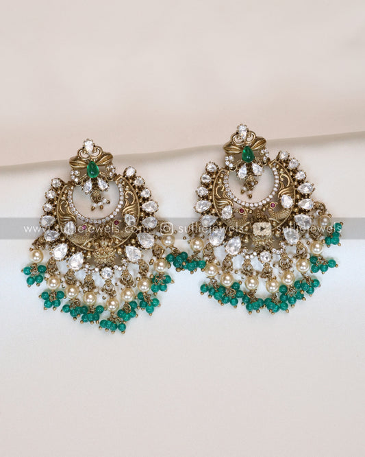 Polki Lakshmi Peacock Premium Earring - Dark Green