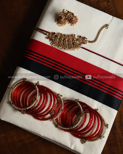 Red Onam Combo - Saree, Necklace, Jhumka & Bangle Set of 16