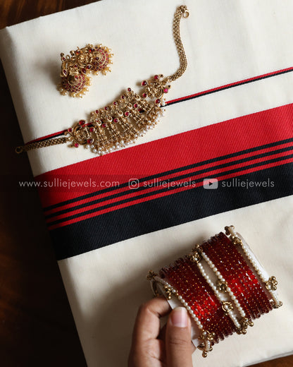 Red Onam Combo - Saree, Necklace, Jhumka & Bangle Set of 16