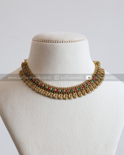 Multicolour Stone Coin Necklace with Gold Jhumka