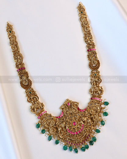 No Idol Premium Peacock Antique Chain with Earring - Green Beads