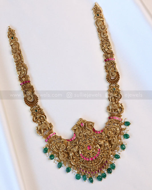 No Idol Premium Peacock Antique Chain with Earring - Green Beads
