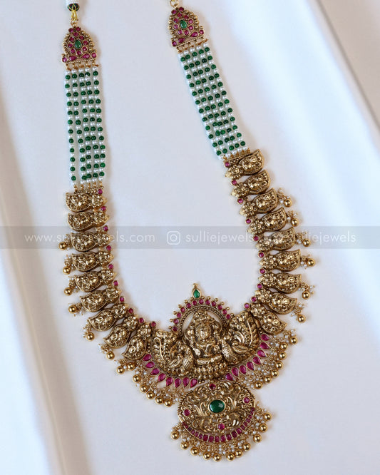 Lakshmi Premium Green & Pearl Beads Long Chain/Haaram with Jhumka
