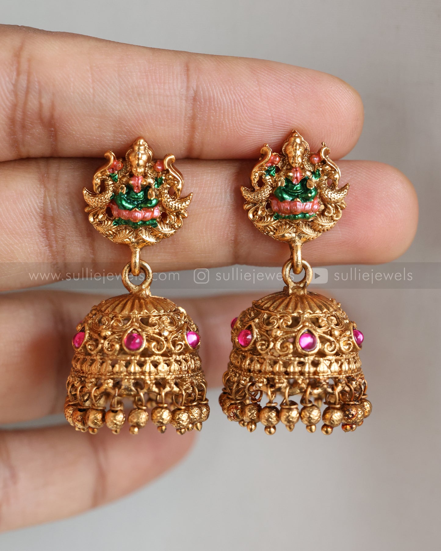 6062 - Sullie Basic - Pink & Green Enamel Goddess Ball Chain Pendant with Jhumka