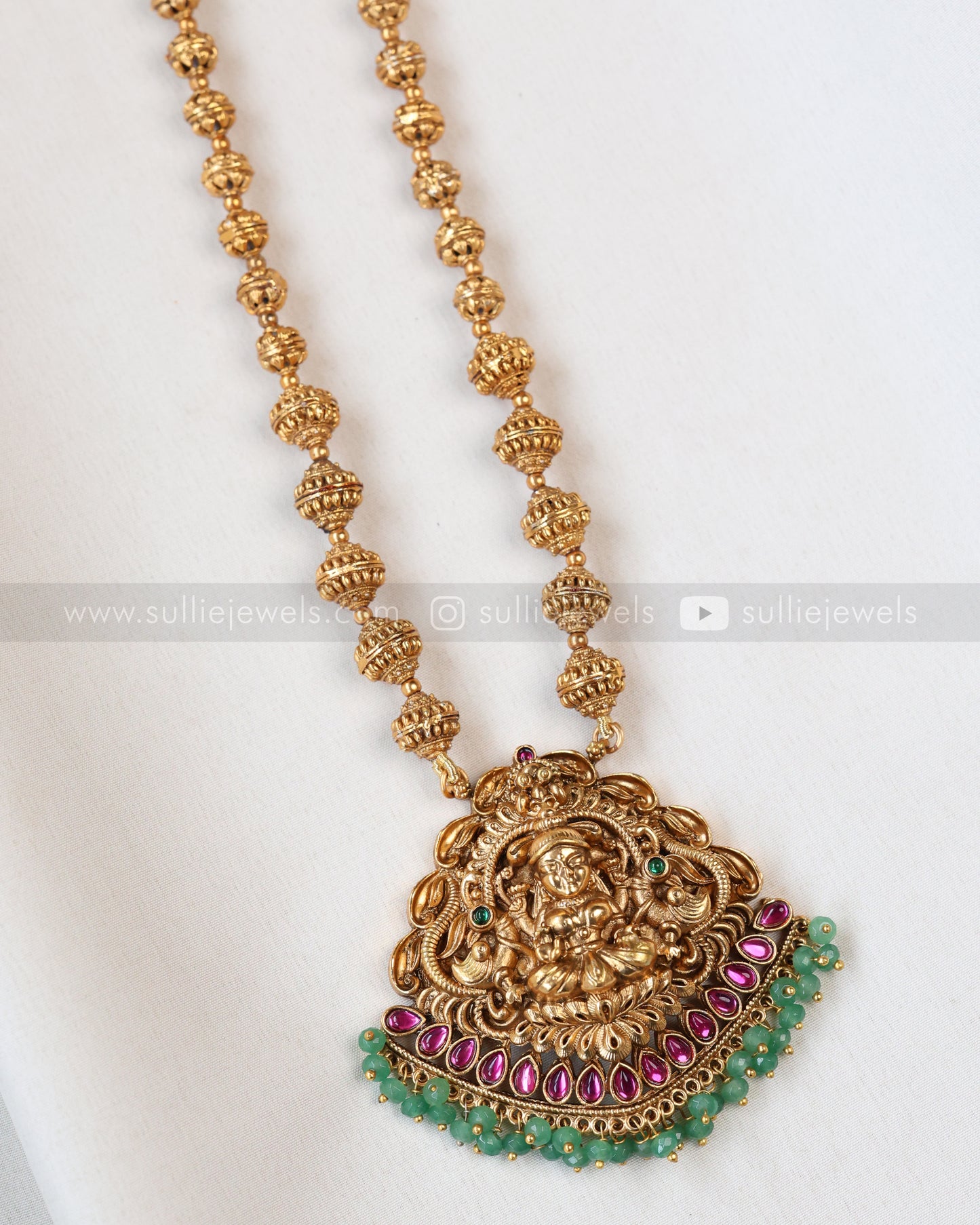 6064 - Sullie Basic - Goddess Pink Stone Mint Beads Ball Chain Pendant with Jhumka