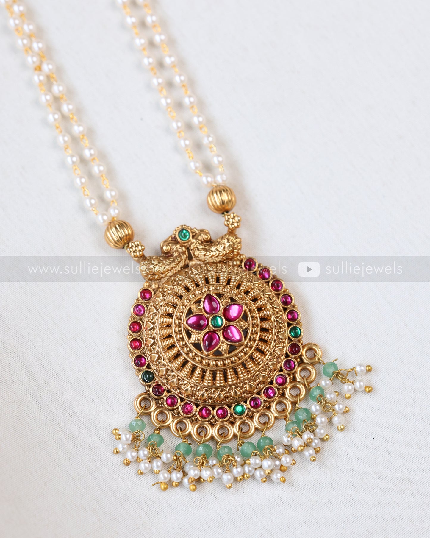 6070 - Sullie Basic - Floral Gold & Mint Beads Pendant Set with Stud