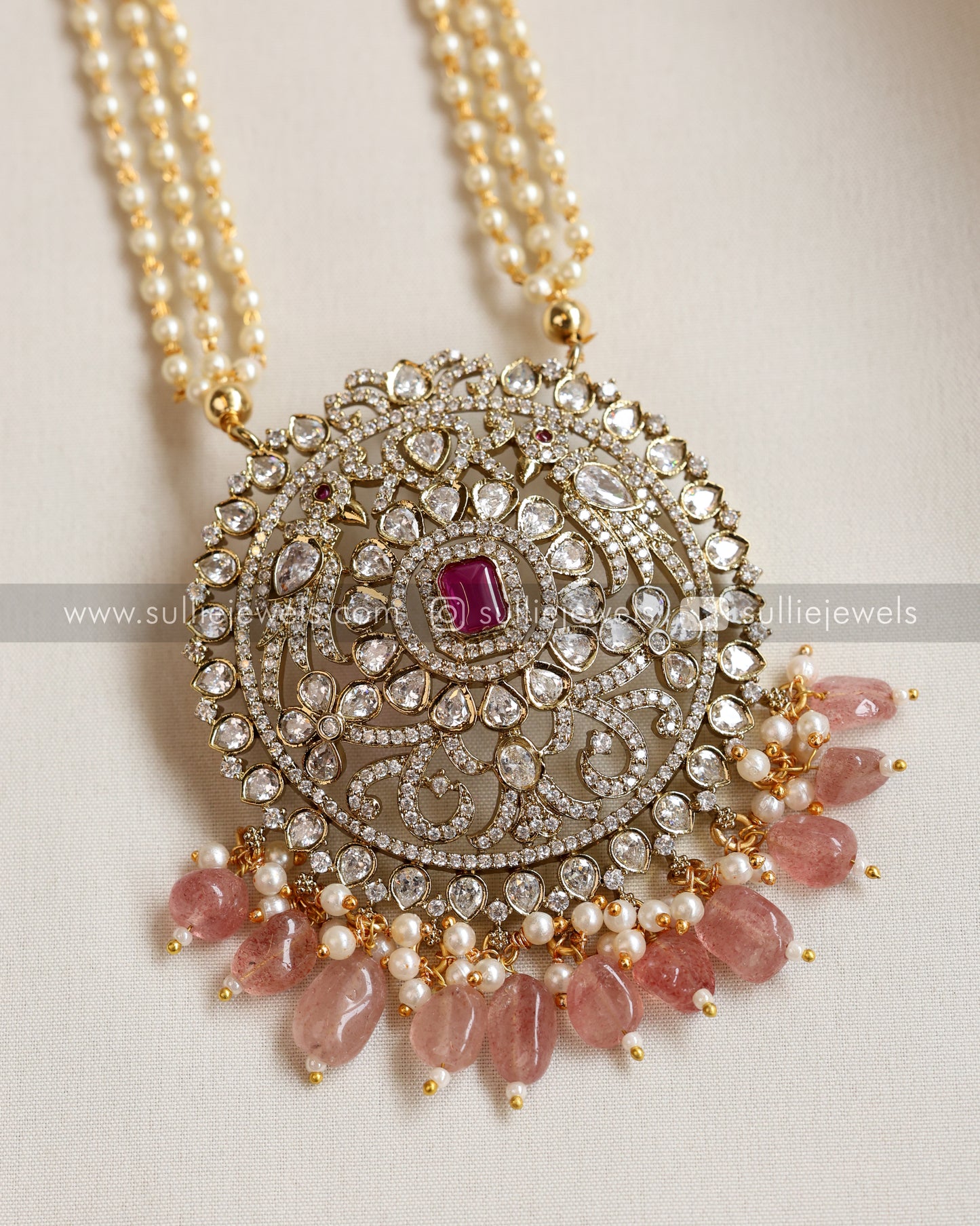 AD Premium Pastel Pink Beads Pendant with Pearl Chain and AD Earrings